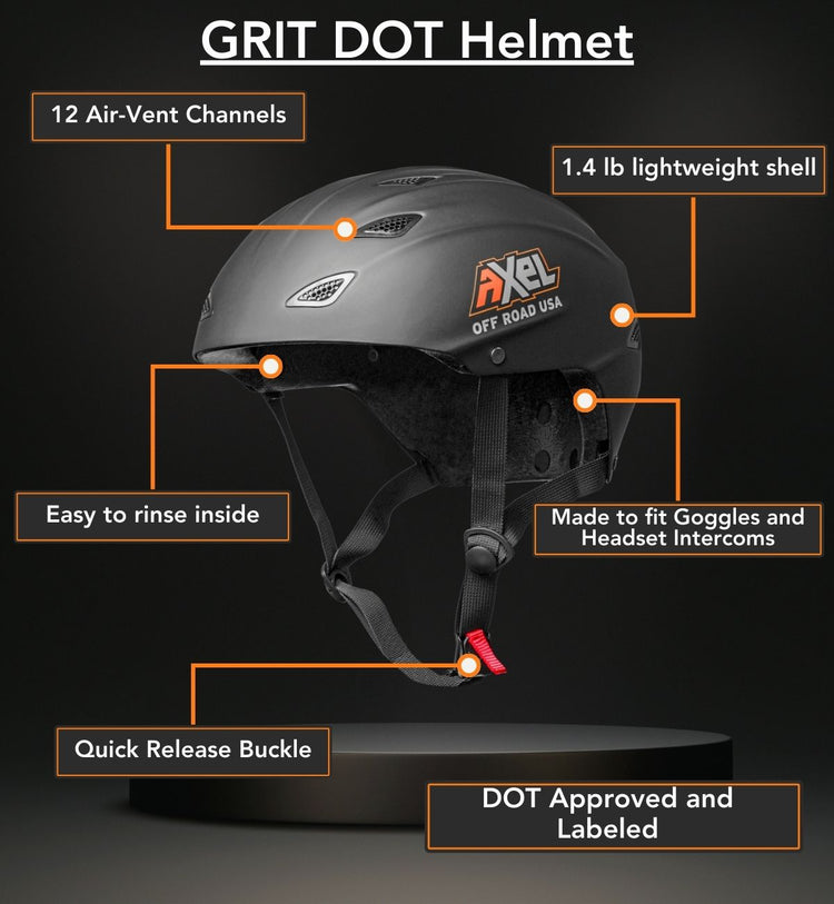 Black DOT certified Offroad helmet showing all of the features. 12 air vent channels, light-weight shell, made to fit headset intercoms like Rugged Radios. Quick release buckle.