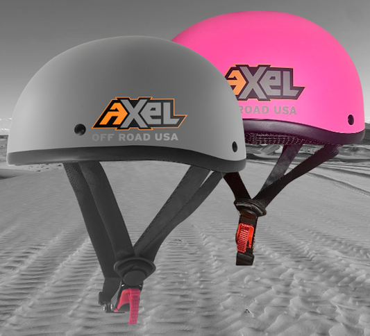 Low profile DOT approved off roading helmets in grey and pink