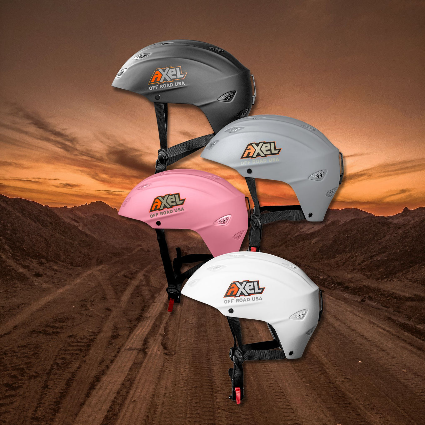 Off Road DOT Helmet Helmets by AXEL OffRoad. Pink helmet, gray helmet, black helmet, and white helmet displayed together.
