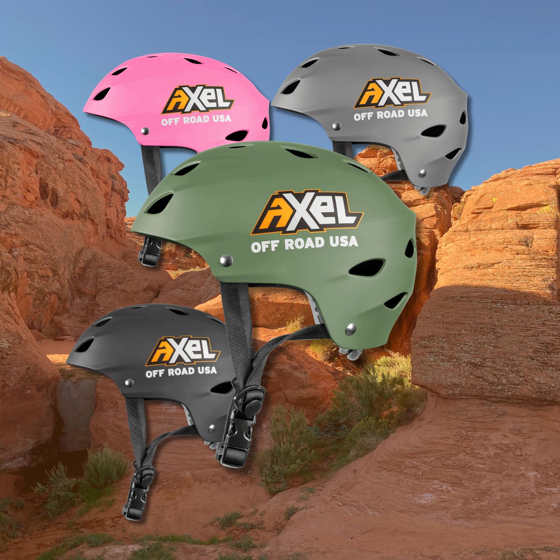 Off Road Trail Helmet Helmets by AXEL OffRoad. Pink helmet, gray helmet, black helmet, and green helmet displayed together.