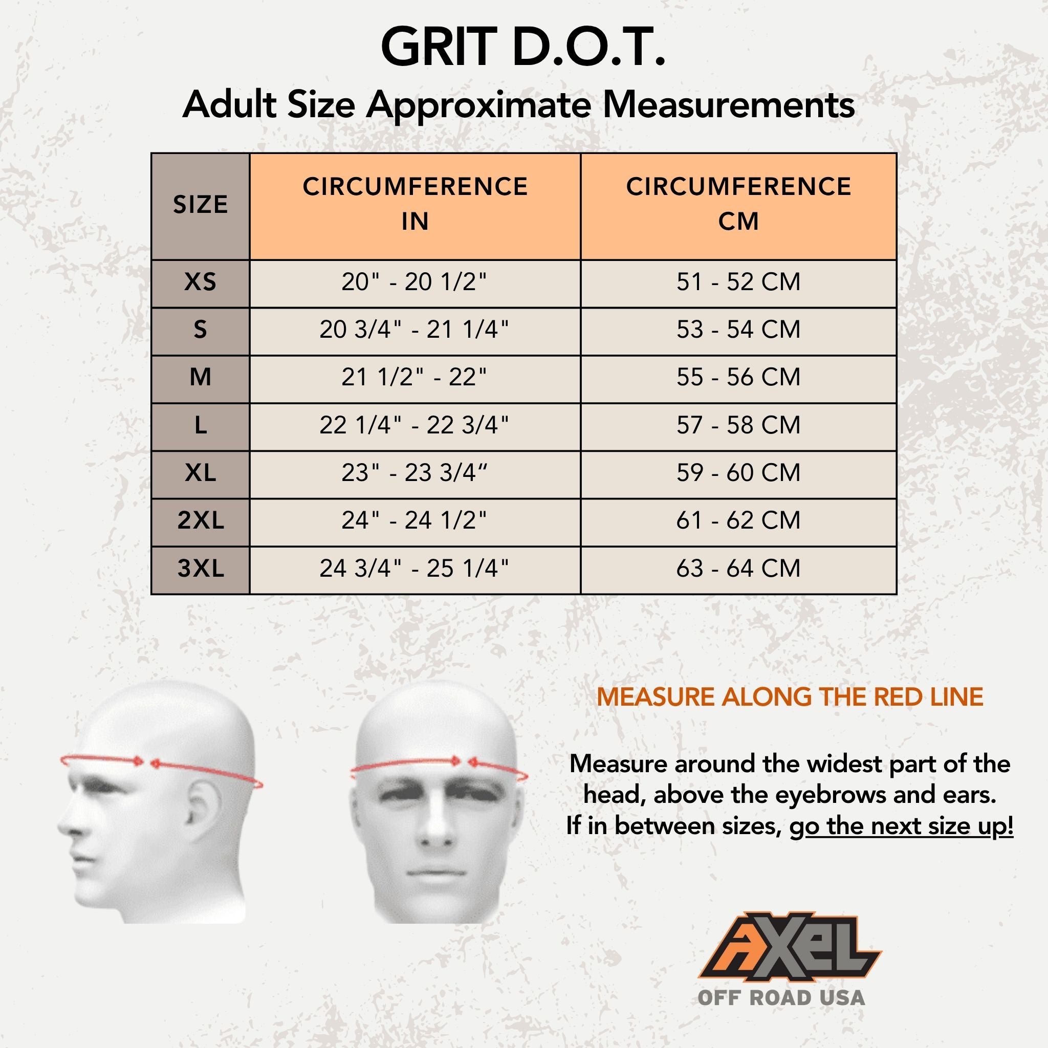Grit D.O.T. adult size approximate measurements chart with head measurement instructions and Axel Off Road USA logo.