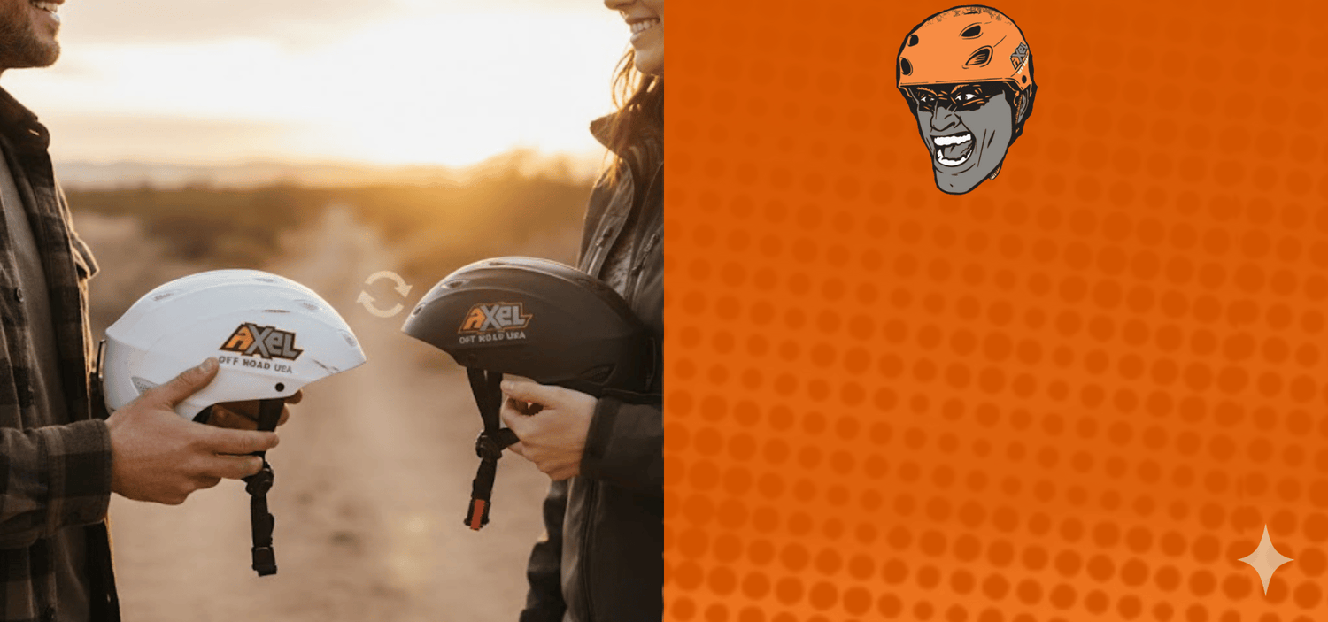 Promotional material showing that axel off road offers free exchanges for off road helmets