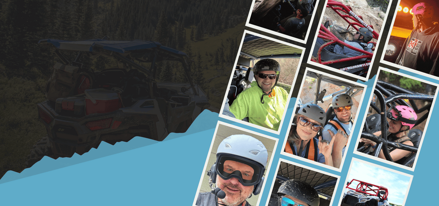 AXEL Off Road Face Adventure Helmet On Hero Banner, showing people wearing AXEL Offroad helmets and DOT certified helmets