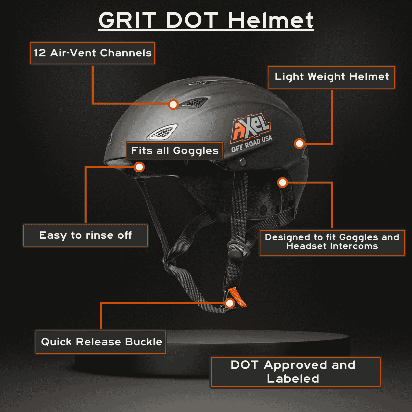 Image showing all of the features of the axel offroad grit dot certified helmet