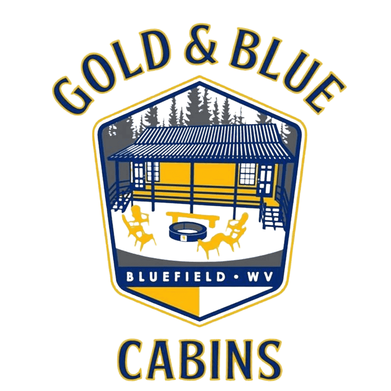 Logo of Gold & Blue Cabins with a cabin and fire pit design